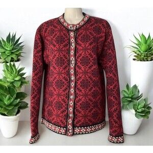 LL Bean Nordic Cardigan Sweater Size S 100% Cotton Red Black White Fair Isle